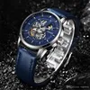 Orologi di lusso da uomo Orologi di alta qualità Quadrante blu militare Hollow Swiss l'orologio da polso impermeabile con cinturino in pelle meccanico automatico da uomo