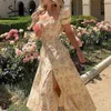 Elegancki Boho Floral Print Długi Francuski Romantyczny Szczur Koronki Urlop Beach Casual Lato Wysoka talii Dress 210414