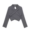 Mode sexig ihålig blazer för kvinnor höst spets upp långärmad designer oregelbunden slim crop jacka veste femme blazers 210417