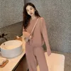 Autumn Winter Knitted Tracksuit Women Long Sleeve Hooded Warm Wool Sweater Pullovers + Loose Straight Pants Set Two Piece Sets 210514