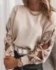 Outono elegante camisa top trendy lantejoula bowknot recorte de manga comprida o-pescoço / halter encaixe de malha t-shirt selvagem para mulheres senhoras Y211125
