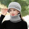 Winter Mother's Beanies Hat Elegant Women Thick Warm Skullies Gorras Stripes Cap Set Flower Decorate Knitted Wool 211229