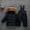 Real Fur Hooded Boy Girl Baby Overalls Winter Down Jacket Warm Kids Coat Snowsuit Snow Clothes s Clothing Set 211203