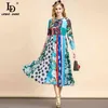 Summer Fashion Runway Designer Élégant Robe de vacances Femmes Manches longues Polka Dot Floral Print Vintage Midi 210522