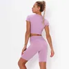 Conjunto deportivo acanalado SeamlYoga para mujer, ropa de gimnasio, Top corto de manga corta, pantalones cortos de cintura alta, ropa deportiva para correr X0629