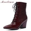 Botas de Autumn Botas de Ankle Mulheres Zipper Grosso Alto Salto Curto Lace Up Winted Toe Shoes Feminino Inverno Grande Tamanho 34-43 210517