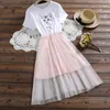 Japanska Kawaii Vit Rosa Sommarklänningar Kvinnor Kortärmad Söt Katt Tryckt Mesh Patchwork Preppy Style Dress Vestidos 210520