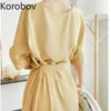 Korobov coréen solide femmes robe en mousseline de soie vintage col rond manches courtes robes d'été taille haute laçage vintage robes femme 210430