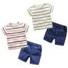 Summer 2 3 4 6 8 10 12 Years Children Clothing Short Sleeve Teenage Striped Baby Kids Handsome Big Boy T-Shirt Shorts Set 210625