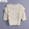 Women Sweet Lace Crochet Patchwork Hollow Out Short Knitting Sweater Female Chic O Neck Ruffles Slim Pullovers Tops SW711 210420