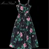 Projektant mody Lace Up Sukienka Lato Damska Dress Vintage Rose Floral-Print Wakacje Spaghetti Pasek Suknie 210524