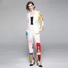 Dwie kawałek sukienki startowy Cartoon Drukuj Kobiety Pant Suit Casual Notched Blazer Jacket + Elastyczna Talia Pocket 2021 Jesień Biuro 2 Zestaw