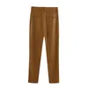 Vintage PU Faux Leather Brown Pants Women High Waist Fashion Long Zipper Fly Ladies Pencil Trousers Pantalones 210515