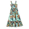Летние праздничные взлетно-посадочные полосы спагетти ремешок платье женские без рукавов тропические печать оборками драпированные богемные дамы Maxi платья 210416