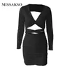 Missakso Sexy évider robe midi club à manches longues élégant col en V profond fête dos nu solide froncé femmes automne robe moulante 210625