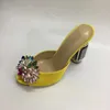 2021 Femmes Véritable cuir véritable strass talons hauts sandales d'été tongs pantoufle robe de mariée chaussures de gladiateur diamant coloré bulletins de vote 3D jaune