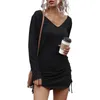 Women Dress Female Long Sleeve V-Neck Ruched Pencil Outfits Elegant Ladies Solid Color Spring Autumn Clothing 210522