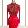 Vestidos de luxo vermelho Vestidos de manga comprida Lace Appliqued Frisado Sereia Prom Vestido de Prom Vergre Trem Custom Formal Party Party