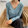 V Neck Pullover Manga Longa Camiseta Mulheres Slim Fit Sold Spring Outwear Tees Femme All Match Soft Ladies Top 210422