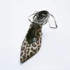 2022 Letni Leopard Buty Drukujące Sandal Szpilki Duży Rozmiar Dziewczyny Rhinestone Spiczasty Sexy Heeled Lace Up Stiletto C