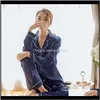 Erkek Iç Çamaşırı Giyim Damla Teslimat 2021 Marka 2 ADET Erkek Kadın Saten İpek Pijama Süper Yumuşak Uzun Kollu Unisex Pijama Ev Suit Gecelikler