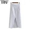 TRAF kvinnor chic mode front ventiler tweed midi dress vintage hög midja tillbaka dragkedja med foder kvinnlig kjolar mujer 210415