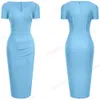 Nice-Forever Lato Kobiety Vintage Solid Color Office Dresses Business Party Elegant Slim Bodycon Dress B629 210419