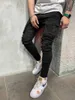 Black Biker Cargo Jeans Mannen Multi-Pocket Slim Fit Joggers Broek Mens Ripped Hole Motorfiets Streetwear Denim Potlood Broek 210716