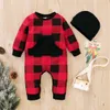 2 Parça Bebek Noel Romper Pijama Set Erkek Kız Kırmızı Ekose Uzun Kollu Bodysuit Ön Cep O-Boyun Şapka Kıyafet Seti G1023