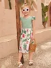 幼児女の子ティートロピカルプリント蝶袖フリル裾ドレス
