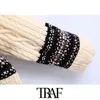 TRAF Women Fashion Oversized Jacquard Cable-knit Sweater Vintage V Neck Long Sleeve Female Pullovers Chic Tops 210415