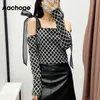 Femmes hors épaule Plaid T noeud papillon Sexy haut court à manches longues Chic tricoté tunique hauts t-shirt Femme 210413