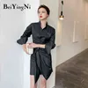 Koszulki damskie Nieregularne Vintage Solidne Czarne Długie Rękawki Dresses V-Neck Slim Pocket Casual Biuro Panie Vestido 210506