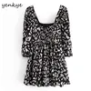 YENKYE Spring Women Bow Pattern Print Dress Elegant Lady Sexy Square Neck Puff Sleeve Pleated Mini Dress Robe Femme 210515