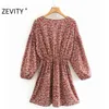 Autumn Women Fashion V Neck Flower Print Pleats Shirt Dress Ladies Chic Lantern Sleeve Tassel Stitching Vestido DS4569 210420