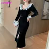 Hepburn Style Lace Slim Dress With Bottom Slit Office Lady Sheath Zippers Knee-Length Polyester 210416