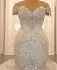 Wunderschöne, mit Perlen besetzte Meerjungfrau-Hochzeitskleider, Brautkleider, Brautkleider 2021, Spitze, schulterfrei, abgestufter Sweep-Zug, arabische Robe de Mari￩e