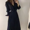 Sonbahar Kadın Kore Tarzı Vintage Elbise Turn-down Yaka Lace Up Pileli Gömlek Uzun Vestidos Robe Longue 210514