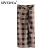 Women Fashion With Knot Side Vent Checked Midi Skirt High Waist Back Zipper Female Skirts Mujer 210420