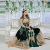 Verde Esmeralda Oriental Dubai Árabe Vestido de Noite Manga Longa 2021 Luxo Ouro Contas de Renda Muçulmano Vestidos de Baile Veludo Marroquino Kaftan Vestidos de Festa Formais robes de soir￩e