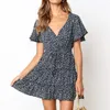 Summer Women Dresses Boho Floral Print Beach Sexy V-Neck Krótki Rękaw A-Line Mini Party Vestidos 210508