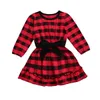 6M-4Y Noël infantile enfant en bas âge bébé enfant filles robe à manches longues arc plaid rouge robes de fête pour l'année de Noël 210515