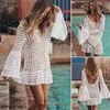 Sexy Women Bikini Cover Up Long Sleeve Beachwear Summer Kaftan Swim Dress White Lace Crochet Bathing Suit Swimsuit Sarongs