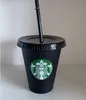 Starbucks 16oz / 473ml أكواب بلاستيكية بهلوان قابلة لإعادة الاستخدام سوداء الشرب مسطح أسفل عمود شكل غطاء القش أكواب bardian مجانية دي إتش إل