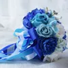 Blue Satin Wedding Hand Flowers Other Accessories Rose Bridal Bouquet Decoration Artificial Bridesmaid Holding Brooch Flower