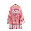 BOHO Tassel Lacing up V neck Location Flower Print Short Dress Pink Ethnic Woman Strappy Long Sleeve Holiday Dresses Beach 210429