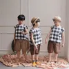 Spring Summer T-shirt For Boys Plaid Print T Shirt Kids Girls Tees Short Sleeve Cotton Linen Tops Baby Clothes 1-5 Years 210413