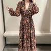 Black Floral Print Midi Dress Woman Winter Vintage Goth Long Sleeve Party es Women Elegant es 210519