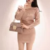 Dames Solid Color Sweater Suits en Sets Lange Mouwen Gebreide truien + Mini Potlood Rok Pak 2 stks Herfst Winter Kostuum 210529