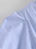 Retro Blue White Striped Plised Ruched Mini Sukienka Kobieta Vintage Przyciski Krótki Rękaw Puff Cuff Koszula Suknie Wakacje 210429